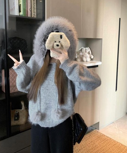 Nia（ニア）の「Nia(ニア)/ボリュームファー　ポンポン付き　ニットトップス（ニット/セーター・レディース・ブラウン/グレー/アイボリー・FREE）」の14枚目の写真