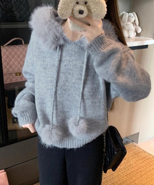 Nia（ニア）の「Nia(ニア)/ボリュームファー　ポンポン付き　ニットトップス（ニット/セーター・レディース・ブラウン/グレー/アイボリー・FREE）」の15枚目の写真