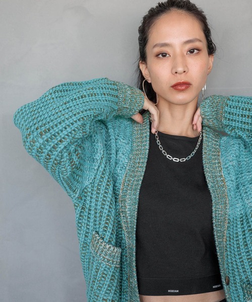 BAYFLOW（ベイフロー）の「【HEREIAM】春にも活躍！/ブロッキングMIXカーディガン（ニット/セーター・レディース・ターコイズブルー/ラベンダー・FREE）」の6枚目の写真