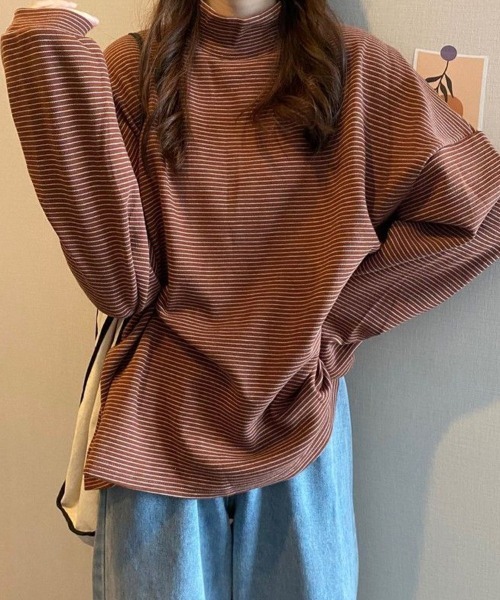 SallyLunn(サリーラン)の「細ボーダーハイネックロングカットソー(Tシャツ/カットソー・レディース・ブラック/ブラウン/ホワイト・LARGE/MEDIUM)」の3枚目の写真