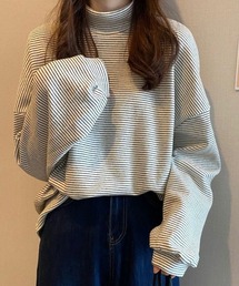 細ボーダーハイネックロングカットソー