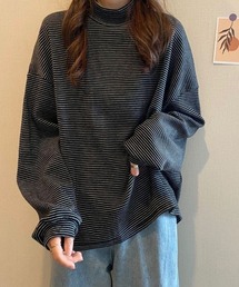 細ボーダーハイネックロングカットソー