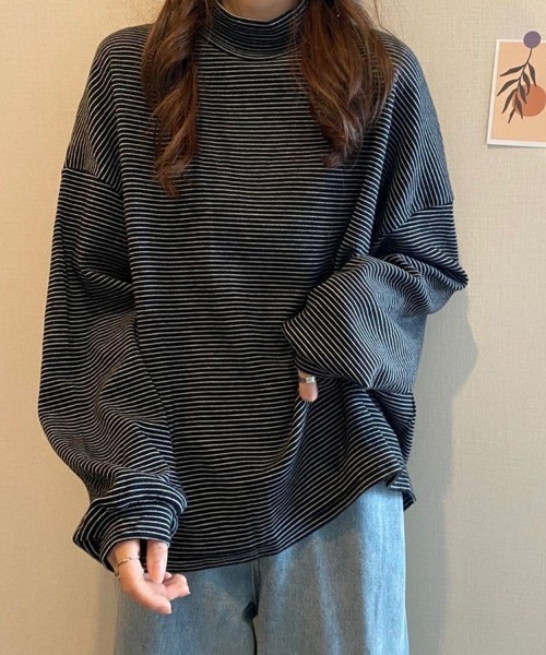 SallyLunn(サリーラン)の「細ボーダーハイネックロングカットソー(Tシャツ/カットソー・レディース・ブラック/ブラウン/ホワイト・LARGE/MEDIUM)」の2枚目の写真