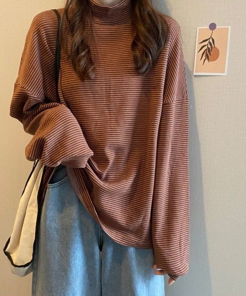 SallyLunn(サリーラン)の「細ボーダーハイネックロングカットソー(Tシャツ/カットソー・レディース・ブラック/ブラウン/ホワイト・LARGE/MEDIUM)」の4枚目の写真