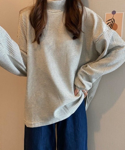 SallyLunn(サリーラン)の「細ボーダーハイネックロングカットソー(Tシャツ/カットソー・レディース・ブラック/ブラウン/ホワイト・LARGE/MEDIUM)」の7枚目の写真