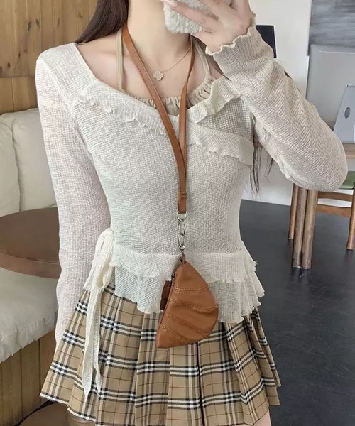 WESTSEA(ウエストシー)の「透かし編みフリル リボン アシンメトリー レイヤードトップス(Tシャツ/カットソー・レディース・オフホワイト/チャコール・FREE)」の15枚目の写真