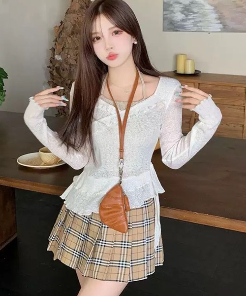 WESTSEA(ウエストシー)の「透かし編みフリル リボン アシンメトリー レイヤードトップス(Tシャツ/カットソー・レディース・オフホワイト/チャコール・FREE)」の13枚目の写真