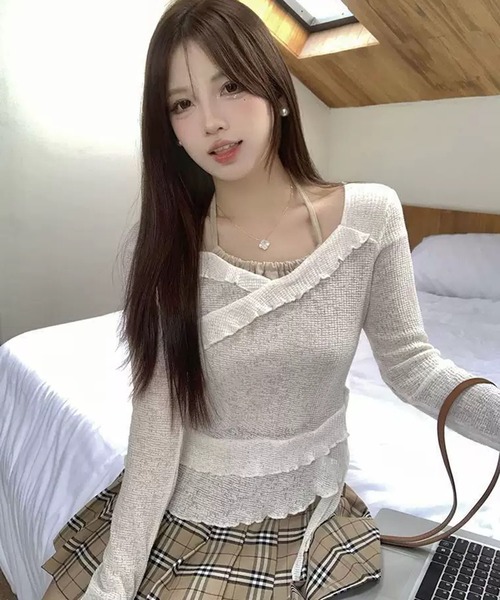 WESTSEA(ウエストシー)の「透かし編みフリル リボン アシンメトリー レイヤードトップス(Tシャツ/カットソー・レディース・オフホワイト/チャコール・FREE)」の14枚目の写真