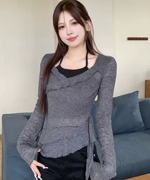 WESTSEA(ウエストシー)の「透かし編みフリル リボン アシンメトリー レイヤードトップス(Tシャツ/カットソー・レディース・オフホワイト/チャコール・FREE)」の4枚目の写真