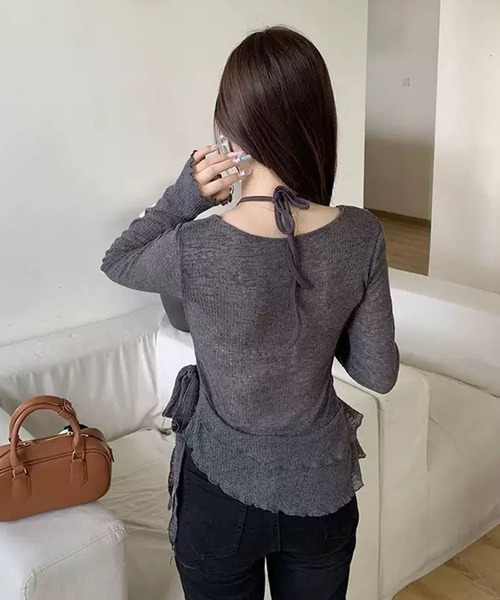 WESTSEA(ウエストシー)の「透かし編みフリル リボン アシンメトリー レイヤードトップス(Tシャツ/カットソー・レディース・オフホワイト/チャコール・FREE)」の6枚目の写真
