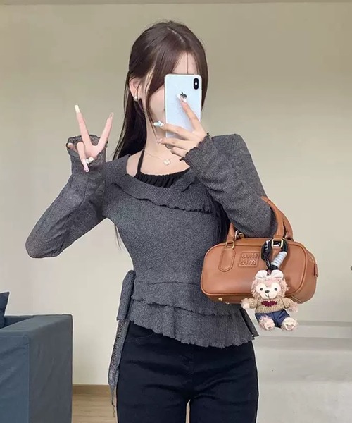 WESTSEA(ウエストシー)の「透かし編みフリル リボン アシンメトリー レイヤードトップス(Tシャツ/カットソー・レディース・オフホワイト/チャコール・FREE)」の8枚目の写真