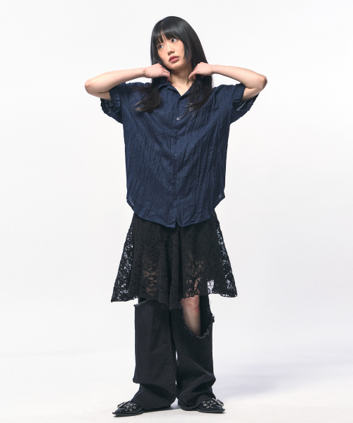 C WEAR BY THE GENIUS(シーウェアバイザジーニアス)の「クランクルリネンハーフシャツネイビー(シャツ/ブラウス・メンズ・その他・LARGE/X-LARGE/MEDIUM)」の4枚目の写真