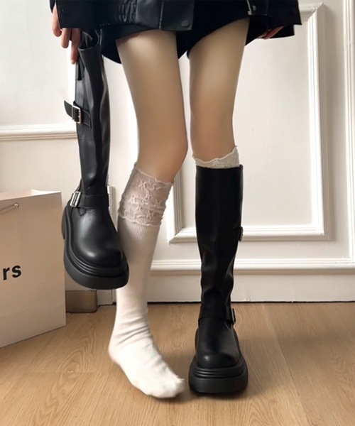 Lace Ladies(レースレディース)の「レザー調 バック ファスナー ロング ジョッキー ブーツ(ブーツ・レディース・ブラック・22.5cm/23cm/23.5cm/24cm/24.5cm/25cm)」の11枚目の写真