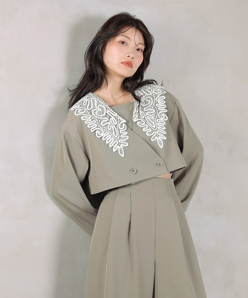 レース ビッグカラー ショート ジャケット ワイドパンツ ドレス 2点