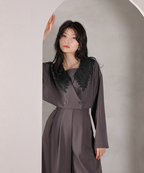 レース ビッグカラー ショート ジャケット ワイドパンツ ドレス 2点