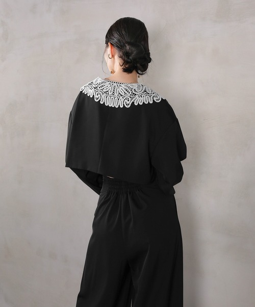 レース ビッグカラー ショート ジャケット ワイドパンツ ドレス 2点