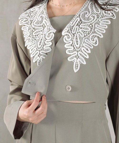 レース ビッグカラー ショート ジャケット ワイドパンツ ドレス 2点