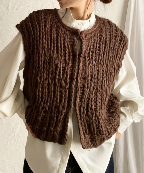 セール】ローゲージざっくり手編みハンドニットベスト（ベスト