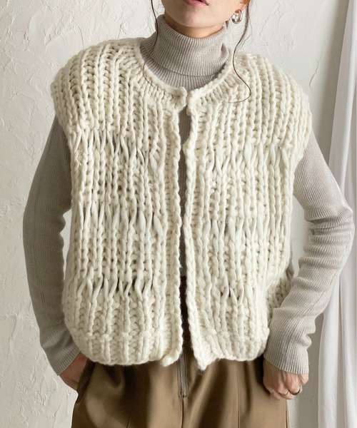 セール】ローゲージざっくり手編みハンドニットベスト（ベスト