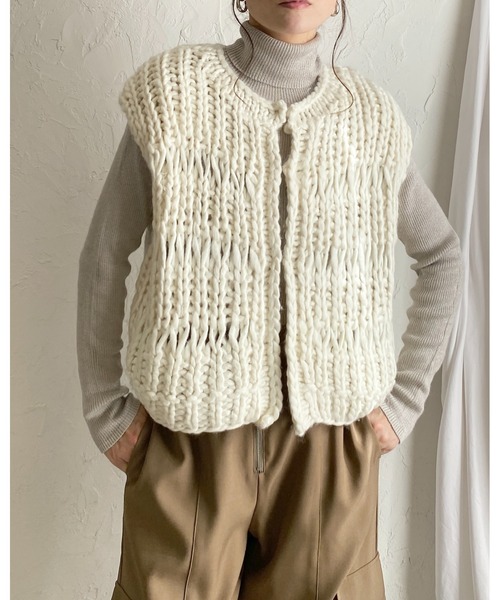 セール】ローゲージざっくり手編みハンドニットベスト（ベスト