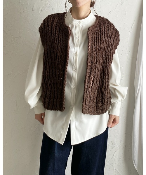セール】ローゲージざっくり手編みハンドニットベスト（ベスト