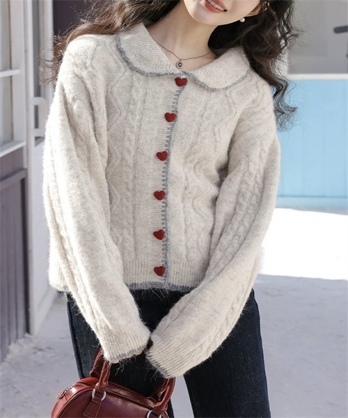 Dream garden(ドリームガーデン)の「ハートボタンケーブルニットカーディガン(カーディガン/ボレロ・レディース・アイボリー/ライトベージュ/グレー・FREE)」の1枚目の写真