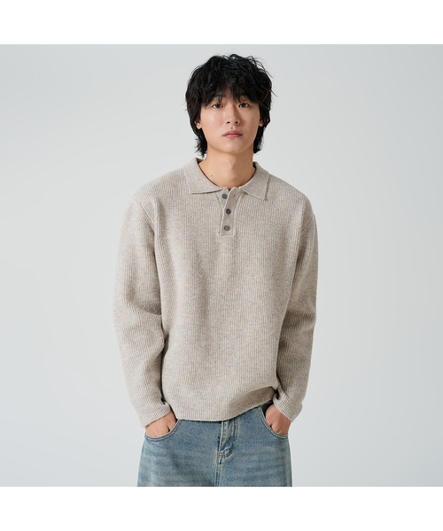 OWSA(オウサ)の「オープンカラー ハチニット 3カラー(ニット/セーター・メンズ・ベージュ/グレー/チャコール・FREE)」の1枚目の写真