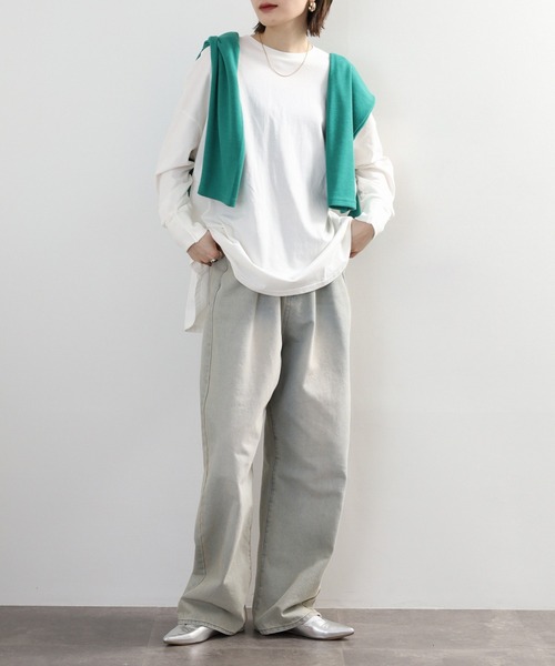 atONE(アットワン)の「オーバーサイズ裾ラウンドカットソー(Tシャツ/カットソー・レディース・オフホワイト/チャコールグレー/カーキ/モカ/ブラック・4L~5L/LL~3L/M-L)」の13枚目の写真