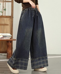 フリンジデザインワイドデニムパンツ