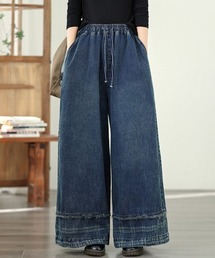 フリンジデザインワイドデニムパンツ