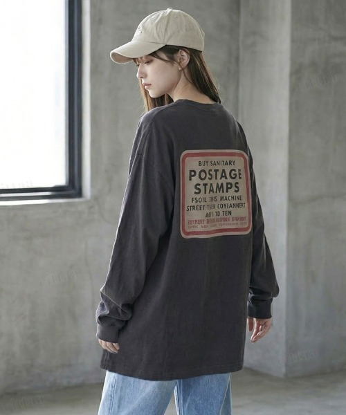Dalfwin(ダールフィン)の「韓国ファッション POSTAGEヴィンテージプリント長袖Tシャツ(Tシャツ/カットソー・レディース・ブルー/チャコールグレー・FREE)」の1枚目の写真