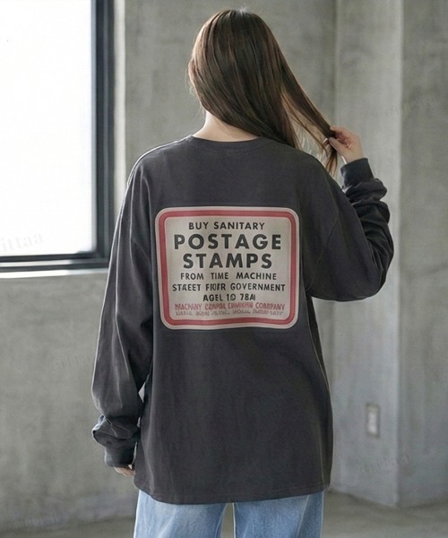 Dalfwin(ダールフィン)の「韓国ファッション POSTAGEヴィンテージプリント長袖Tシャツ(Tシャツ/カットソー・レディース・ブルー/チャコールグレー・FREE)」の5枚目の写真