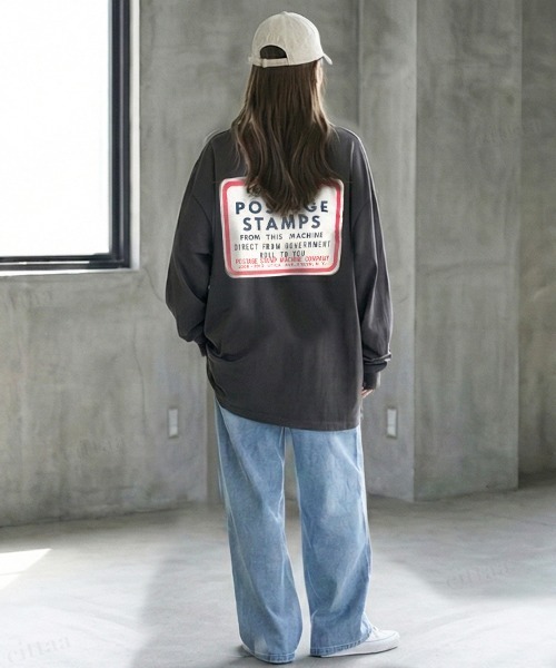 Dalfwin(ダールフィン)の「韓国ファッション POSTAGEヴィンテージプリント長袖Tシャツ(Tシャツ/カットソー・レディース・ブルー/チャコールグレー・FREE)」の7枚目の写真