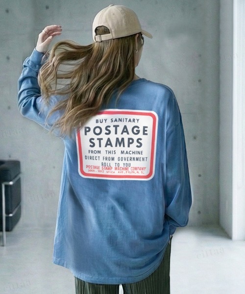 Dalfwin(ダールフィン)の「韓国ファッション POSTAGEヴィンテージプリント長袖Tシャツ(Tシャツ/カットソー・レディース・ブルー/チャコールグレー・FREE)」の9枚目の写真