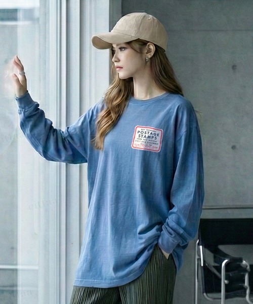 Dalfwin(ダールフィン)の「韓国ファッション POSTAGEヴィンテージプリント長袖Tシャツ(Tシャツ/カットソー・レディース・ブルー/チャコールグレー・FREE)」の11枚目の写真