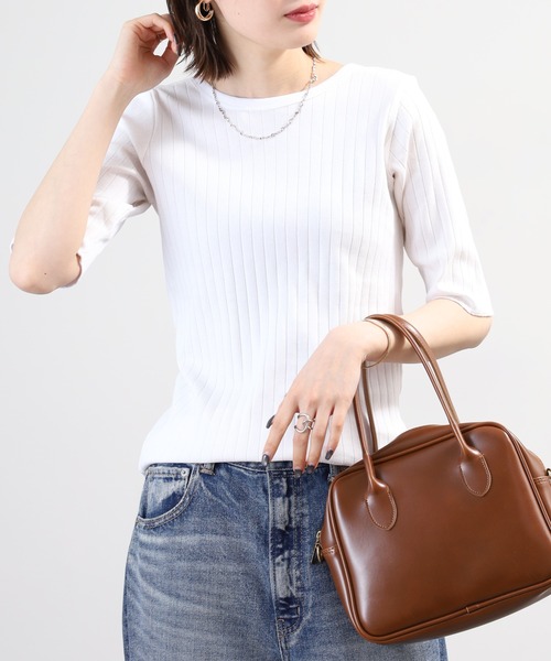 OMNES(オムネス)の「針抜リブ5分袖Tシャツ(Tシャツ/カットソー・レディース・ベージュ/モスグリーン/ホワイト・FREE)」の2枚目の写真