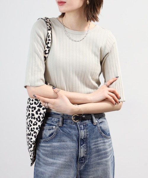OMNES(オムネス)の「針抜リブ5分袖Tシャツ(Tシャツ/カットソー・レディース・ベージュ/モスグリーン/ホワイト・FREE)」の3枚目の写真