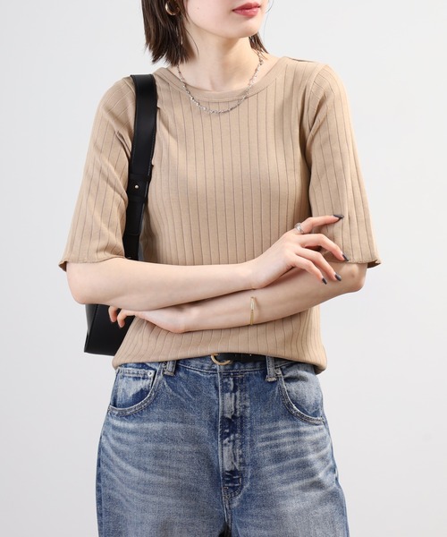 OMNES(オムネス)の「針抜リブ5分袖Tシャツ(Tシャツ/カットソー・レディース・ベージュ/モスグリーン/ホワイト・FREE)」の12枚目の写真