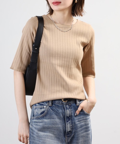 OMNES(オムネス)の「針抜リブ5分袖Tシャツ(Tシャツ/カットソー・レディース・ベージュ/モスグリーン/ホワイト・FREE)」の13枚目の写真
