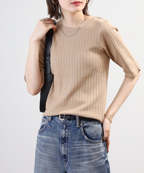 OMNES(オムネス)の「針抜リブ5分袖Tシャツ(Tシャツ/カットソー・レディース・ベージュ/モスグリーン/ホワイト・FREE)」の14枚目の写真