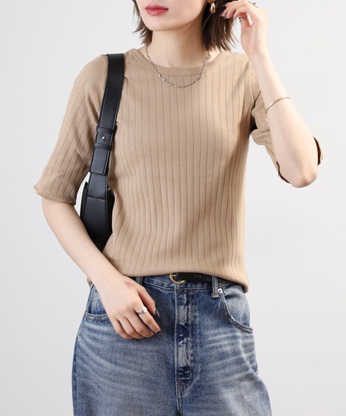 OMNES(オムネス)の「針抜リブ5分袖Tシャツ(Tシャツ/カットソー・レディース・ベージュ/モスグリーン/ホワイト・FREE)」の15枚目の写真