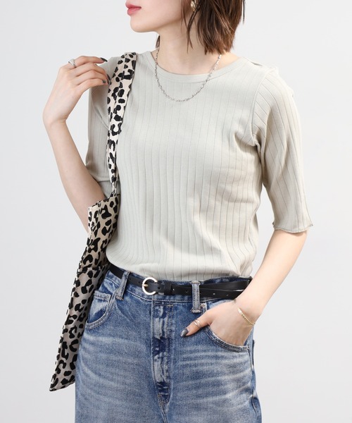 OMNES(オムネス)の「針抜リブ5分袖Tシャツ(Tシャツ/カットソー・レディース・ベージュ/モスグリーン/ホワイト・FREE)」の18枚目の写真