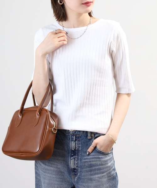 OMNES(オムネス)の「針抜リブ5分袖Tシャツ(Tシャツ/カットソー・レディース・ベージュ/モスグリーン/ホワイト・FREE)」の4枚目の写真
