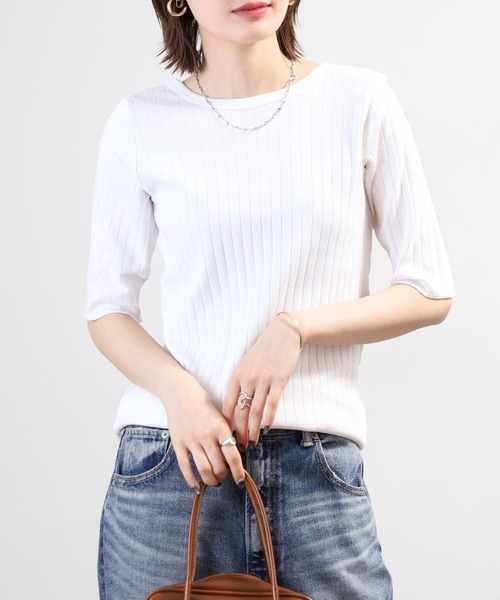OMNES(オムネス)の「針抜リブ5分袖Tシャツ(Tシャツ/カットソー・レディース・ベージュ/モスグリーン/ホワイト・FREE)」の6枚目の写真