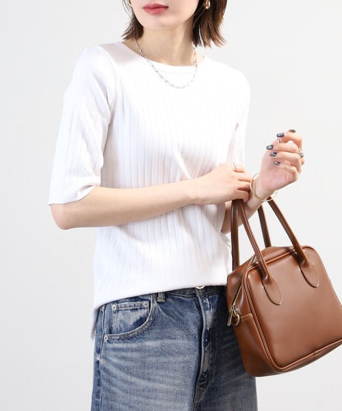 OMNES(オムネス)の「針抜リブ5分袖Tシャツ(Tシャツ/カットソー・レディース・ベージュ/モスグリーン/ホワイト・FREE)」の7枚目の写真