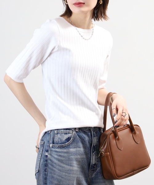 OMNES(オムネス)の「針抜リブ5分袖Tシャツ(Tシャツ/カットソー・レディース・ベージュ/モスグリーン/ホワイト・FREE)」の8枚目の写真