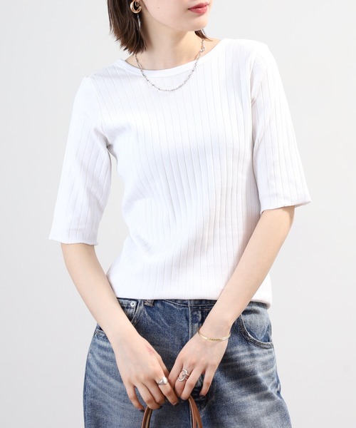 OMNES(オムネス)の「針抜リブ5分袖Tシャツ(Tシャツ/カットソー・レディース・ベージュ/モスグリーン/ホワイト・FREE)」の9枚目の写真
