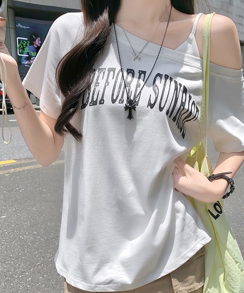 Songe(ソンジュ)の「ワンショルダーフロントプリントTシャツ(Tシャツ/カットソー・レディース・グレー/ネイビー/ホワイト・M/L)」の5枚目の写真