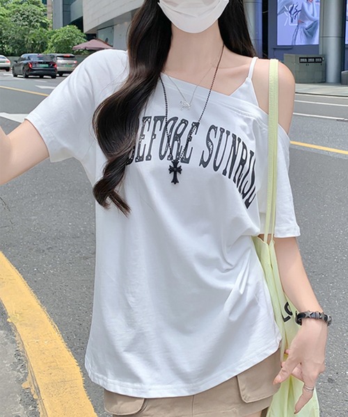 Songe(ソンジュ)の「ワンショルダーフロントプリントTシャツ(Tシャツ/カットソー・レディース・グレー/ネイビー/ホワイト・M/L)」の8枚目の写真