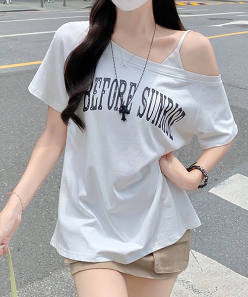 Songe(ソンジュ)の「ワンショルダーフロントプリントTシャツ(Tシャツ/カットソー・レディース・グレー/ネイビー/ホワイト・M/L)」の9枚目の写真